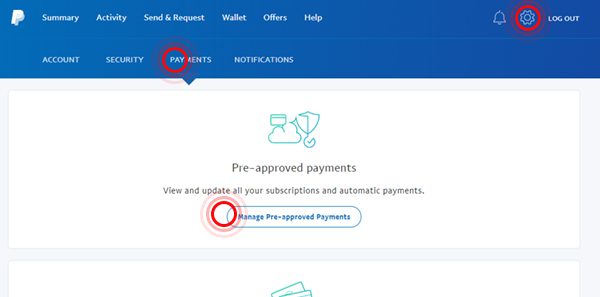 Capture d’écran de la page des paiements pré-approuvés de PayPal